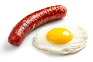 Delicious sunny side up egg with grilled juicy sausage for nutritious balanced breakfast on white