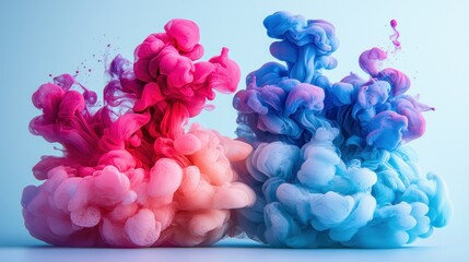 Obraz premium Swirling pink and blue inks meet, forming abstract, cloud-like shapes in light blue space