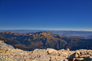Box Elder Peak view from peak, American Fork Canyon. Lone Peak, Mt Timpanogos Uinta-Wasatch-Cache...