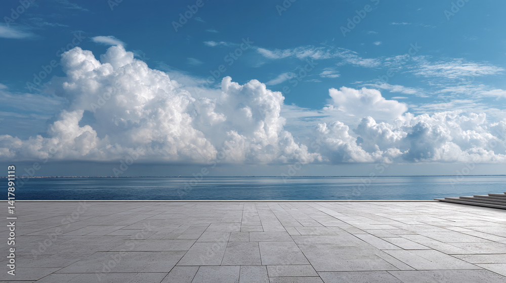 Poster seascape showcasing a stone plaza overlooking calm ocean under a cloudy sky, ideal for showcasing pr