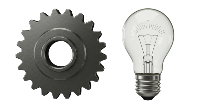 Isolated Gear and Light Bulb Symbolizing Innovation and Ideas