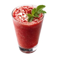 Strawberry smoothie with mint garnish on white background