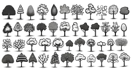 Set of hand-drawn tree doodle vector illustrations for creative projects
