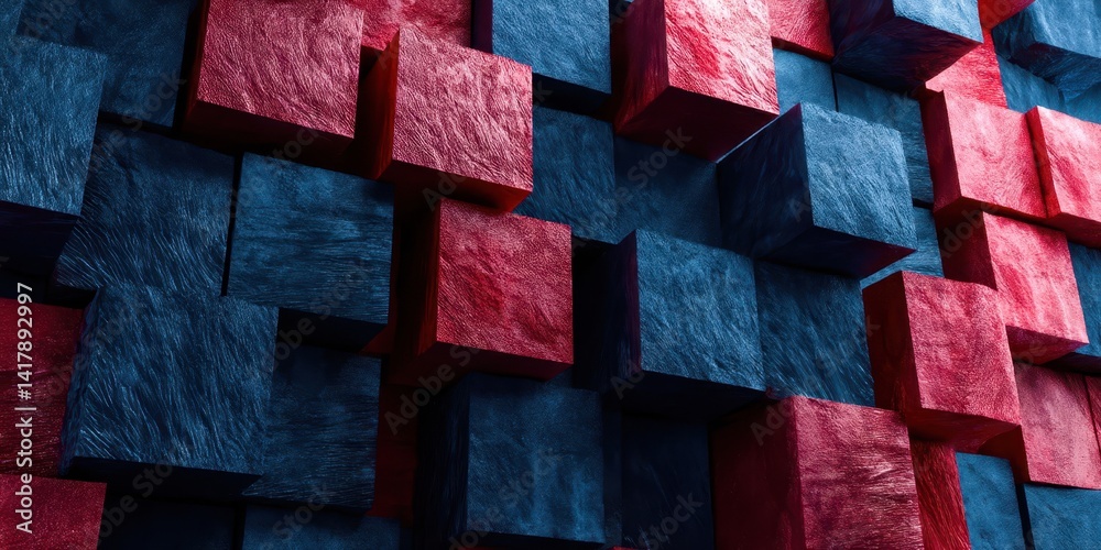 Poster a blue and red square patterned background with a blue square in the middle