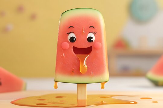 	Watermelon ice pop character with face and dripping juice, happy expression 