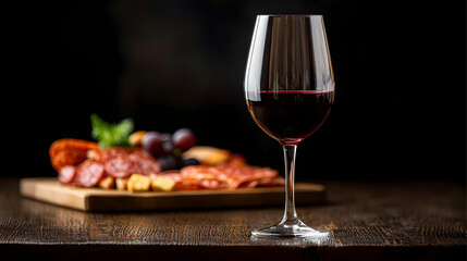 Naklejka premium Red Wine And Charcuterie Board On Dark Wooden Table