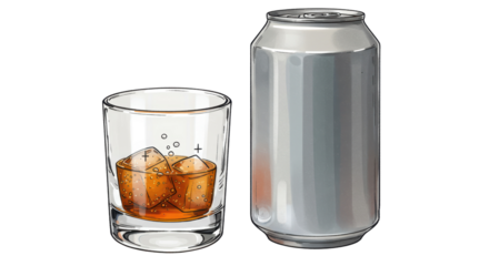 Isolated Drink Can and Glass with Ice Cubes