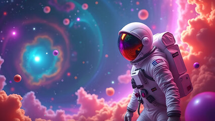Fototapeta premium Colorful Galaxy with Astronaut and Bubbles on Alien Planet – Fantasy Space Art 