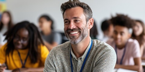 A smiling instructor enjoys teaching in a lively classroom, engaging students with enthusiasm and fostering a positive learning environment filled with creativity and interaction.