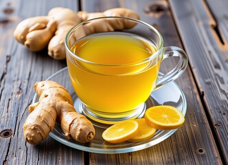Refreshing Ginger Lemon Tea in Glass Cup on Rustic Wooden Table