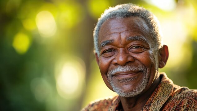 Older man with gray beard smiles outdoors with blurred green foliage background.