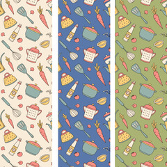 Naklejka premium Kitchen Utensils with Vegetables Cute Pattern