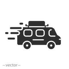 minibus for tourism, travel on microbus icon, bus tour, flat vector illustration