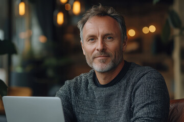 Man sitting in front of laptop, with a focused expression, typing intently. Bright room, cluttered desk, plants in background.
