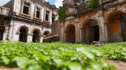 Obraz premium Overgrown Ruins of Two Old Buildings on a Sunny Day