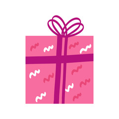 Vector illustration of pink square gift box with bold bow and wrapping pattern. Hand drawn holiday present with ribbon in cheerful cartoon style.