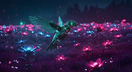 Naklejka premium Conceptual illustration of a robotic hummingbird pollinating a field of glowing neon flowers, digital art