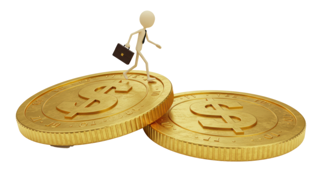 Isolated Businessman Walking on Dollar Coins with Briefcase