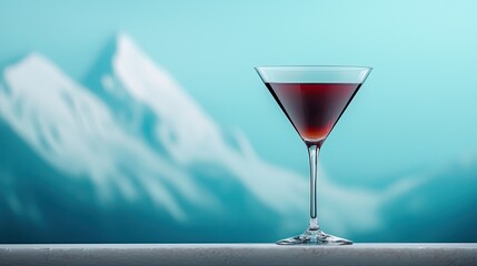 cocktail mixology branding concept. A cocktail glass in front of a serene mountain backdrop with a soft blue hue.