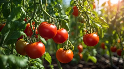 A close-up of vibrant red tomatoes hanging in a greenhouse, clustered on a green vine with lush, green leaves