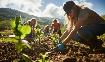 A group of women gardening outdoors, cultivating plants in soil under a bright sky, showcasing teamwork and connection with nature.