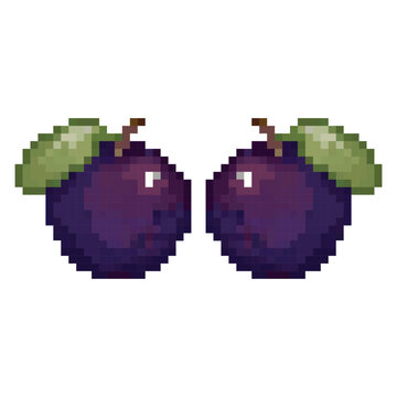 Two plum. Pixelated vector illustration. Purple fruit in pixel art. Plums pixel icon. Isolated on white background. Fruits from cubes. Vintage game style. Vibrant shades.