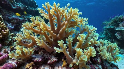 Naklejka premium Close-up of vibrant Acropora cervicornis coral (staghorn coral) with marine life in a tropical reef habitat.