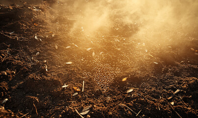 The image shows a murky water surface with debris and fish visible, creating a natural aquatic scene with earthy tones.