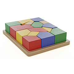 Neatly arranged wooden geometric puzzle pieces in vibrant colors on a wooden base. Educational AI-generated image on white background, ideal for stock and learning visuals