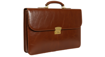 Isolated Classic Brown Leather Briefcase with Brass Hardware