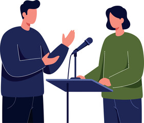 Two people debating at podium in minimal flat style vector illustration with microphone and conversational gesture