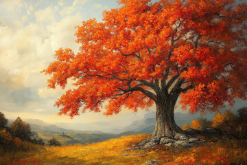 Vibrant autumn tree painting with golden leaves against a clear blue sky.
