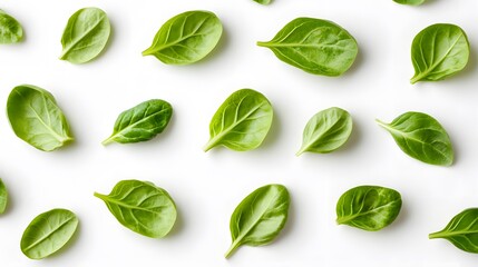 Obraz premium Fresh green spinach leaves arranged in a repeating pattern on a white background. Perfect for healthy eating, salad, or cooking concepts.