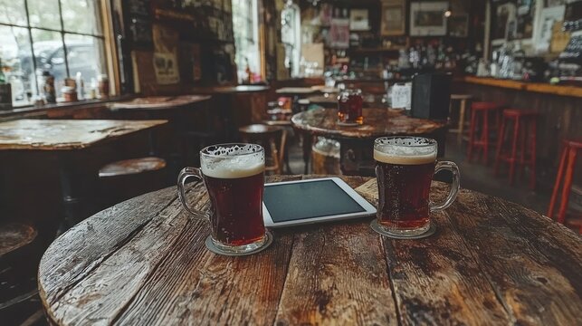 Two glasses of beer on a wooden table with a tablet in a cozy bar setting - Powered by Adobe