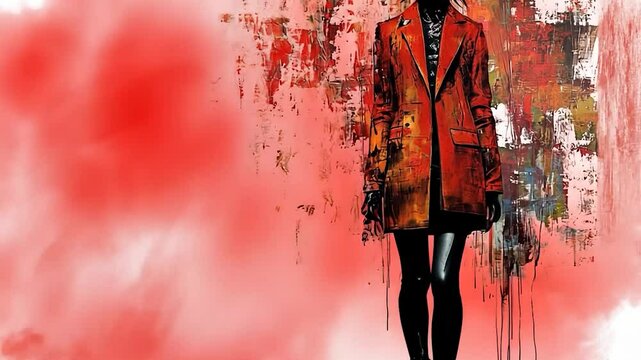 Fashion Model in Red Coat, Abstract Background