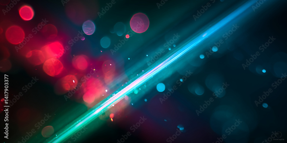 Aufkleber Abstract image featuring vibrant red and teal bokeh lights, intersected by a bright, glowing streak of light, creating a dynamic and energetic visual, suitable for technology or design concepts