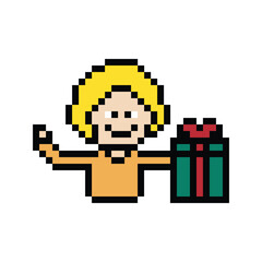Obraz premium Cute pixel cartoon 8bit character man give gift box birthday christmas bonus reward surprise decoration 8 bit male boy give gift box shopping bonus christmas day game 8 bit png vector.
