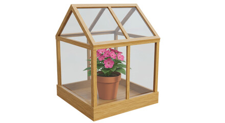 Isolated Miniature Greenhouse with Potted Pink Flowers