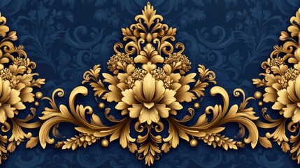 Ornate golden floral design on a rich blue decorative background