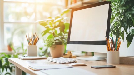 Neatly organized workspace with a sleek desktop computer, keyboard, and mouse on a minimalist desk, creating a productive and creative environment for a graphic designer.