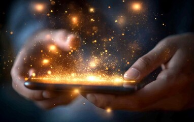 Hands interacting with glowing smartphone, magic sparks background