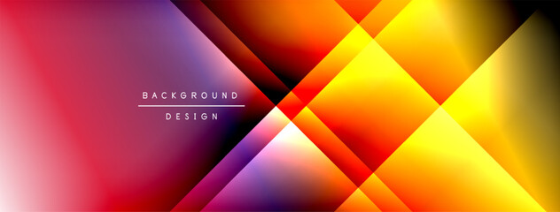 Vibrant geometric background. Diagonal shapes blend red, orange, yellow, purple hues. Modern design creates dynamic visual effect.