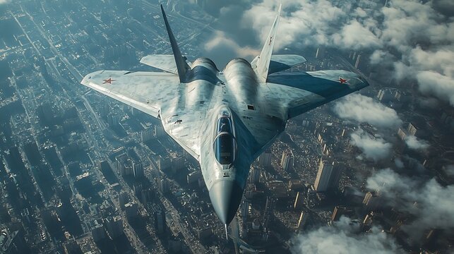Su-35 Fighter Jet Soaring Above Cityscape: A Breathtaking Aerial View