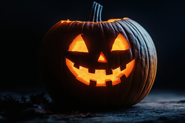 Fototapeta premium Glowing-eyed Halloween pumpkin surrounded by fall leaves, creating a spooky and festive atmosphere.