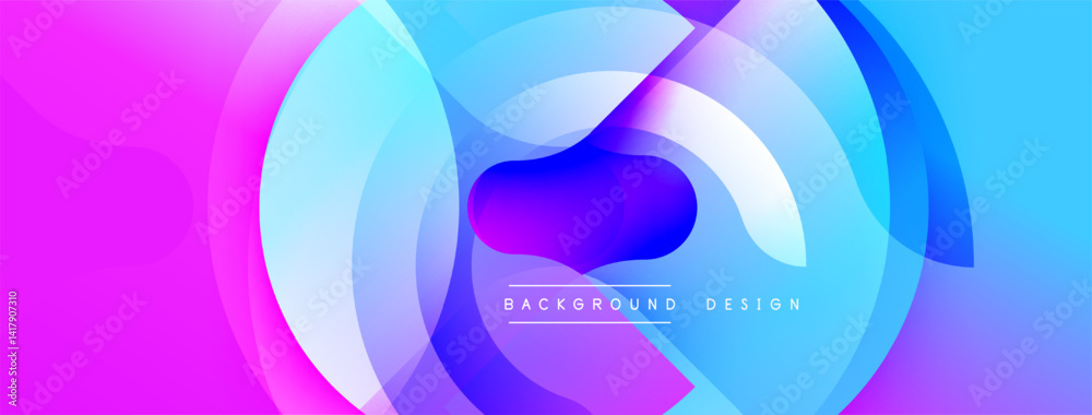 Poster Abstract vibrant layers create dynamic composition. Gradient colors blend, forming circular shapes, modern design element.