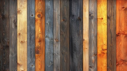Vertical wood planks in varied warm and cool colors. Rustic appeal