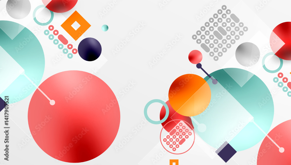 Leinwandbilder Abstract geometric shapes overlap, creating dynamic composition. Circles, squares, dots form modern design. Light colors dominate.
