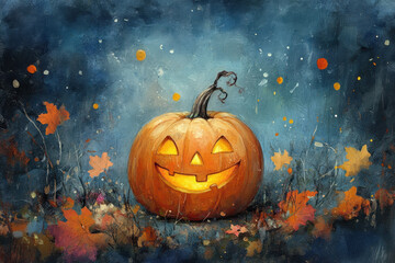 Vibrant painting of a pumpkin in a sunlit field, capturing the essence of autumn with rich colors and detailed textures.