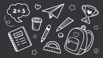 A doodle-style illustration on a dark chalkboard background featuring various white line drawings related to school. There's a speech bubble with 