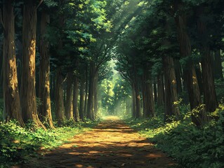 Fototapeta premium Peaceful forest path bathed in sunlight, creating a serene atmosphere. Perfect for nature and travel publications.